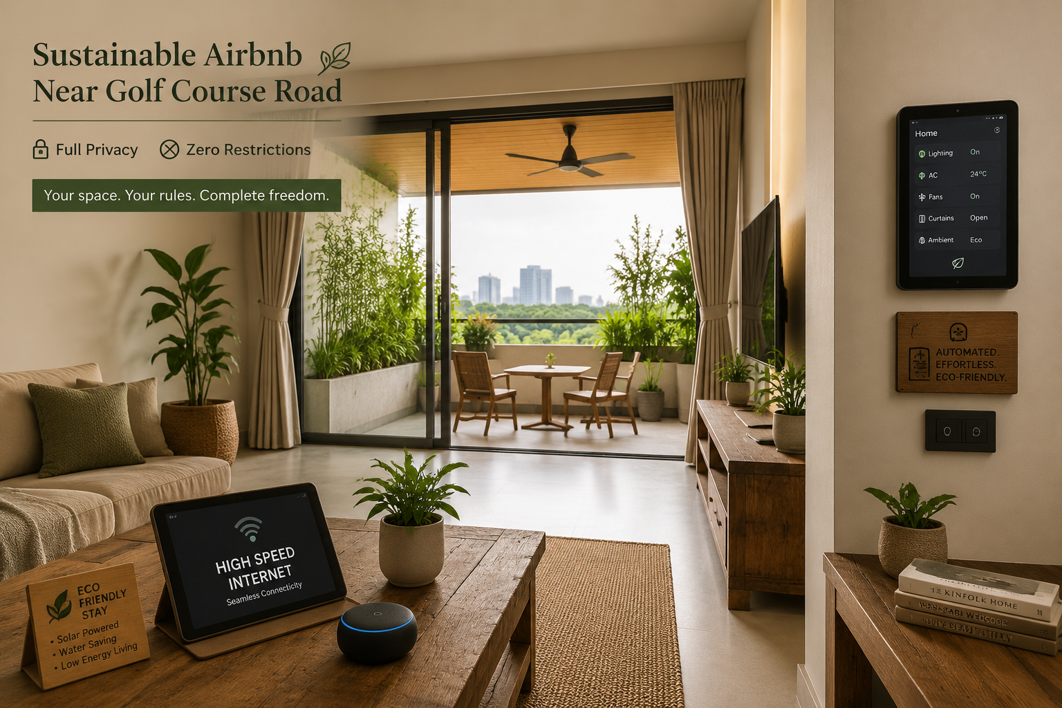 () editorial image showcasing an interior shot of a sustainable Airbnb near Golf Course Road. The scene should highlight