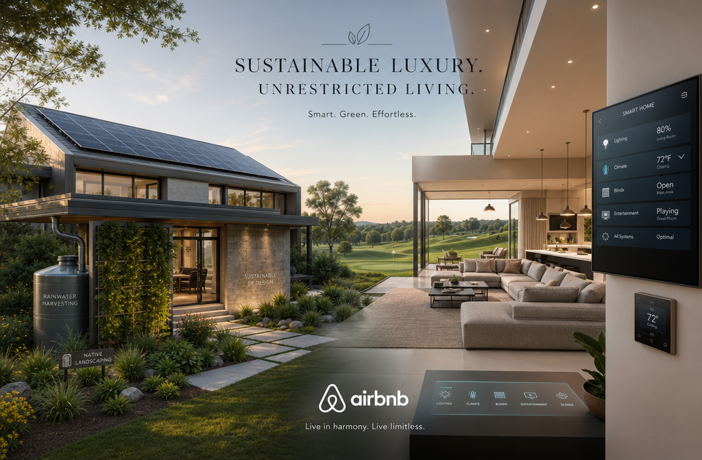() conceptual image illustrating the various aspects of eco-friendly living and smart technology within an Airbnb setting.