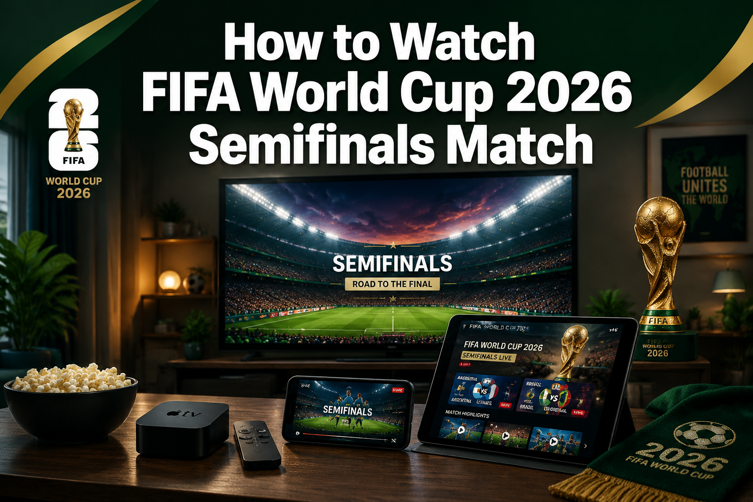 Professional () hero image featuring 'How to Watch FIFA World Cup 2026 Semifinals Match' in extra large white with dark ,