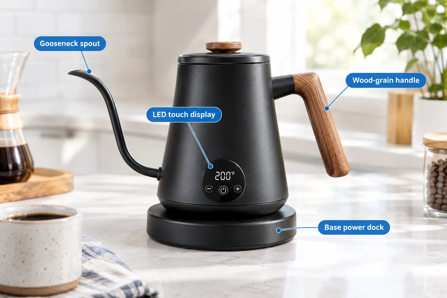 Annotated documentary photograph of a black electric gooseneck pour over kettle on a kitchen counter with four callout labels pointing to its parts: 'Gooseneck spout', 'LED touch display', 'Wood-grain handle', 'Base power dock'. Bright natural light, clean white countertop, shallow depth of field, editorial product photography style. Timemore Fish Pro X Price And Where To Buy