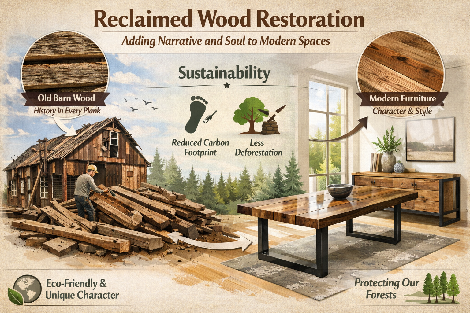 Landscape format (1536x1024) image illustrating the lifecycle of reclaimed wood, from deconstructed barn wood to a polished modern furniture