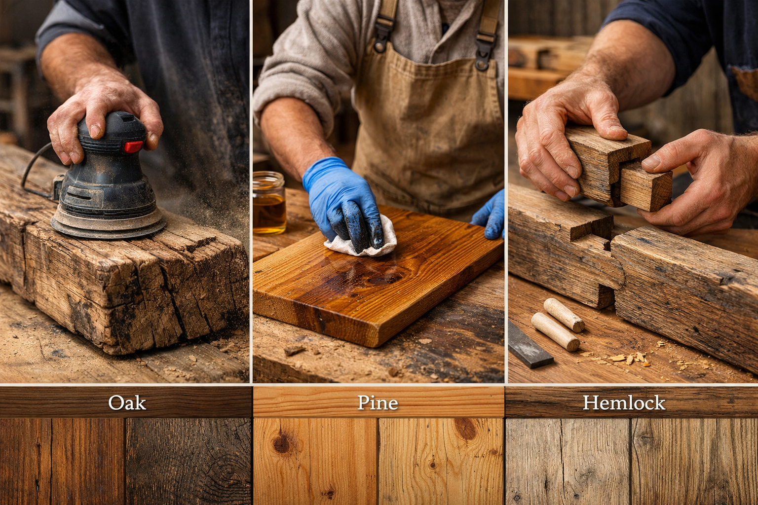 Landscape format (1536x1024) image showcasing various reclaimed wood restoration techniques: a close-up of a craftsman meticulously sanding 