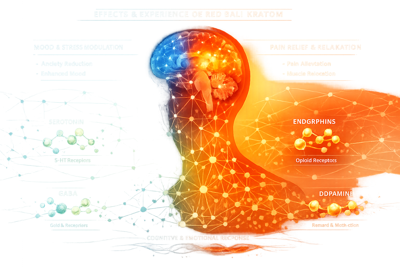 Detailed Effects and Experience section visualization: Stylized human silhouette with neural network overlay, depicting neurological and phy