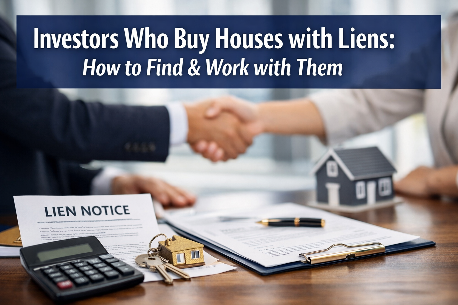 Professional landscape hero image (1536x1024) featuring bold text overlay 'Investors Who Buy Houses with Liens: How to Find & Work with Them