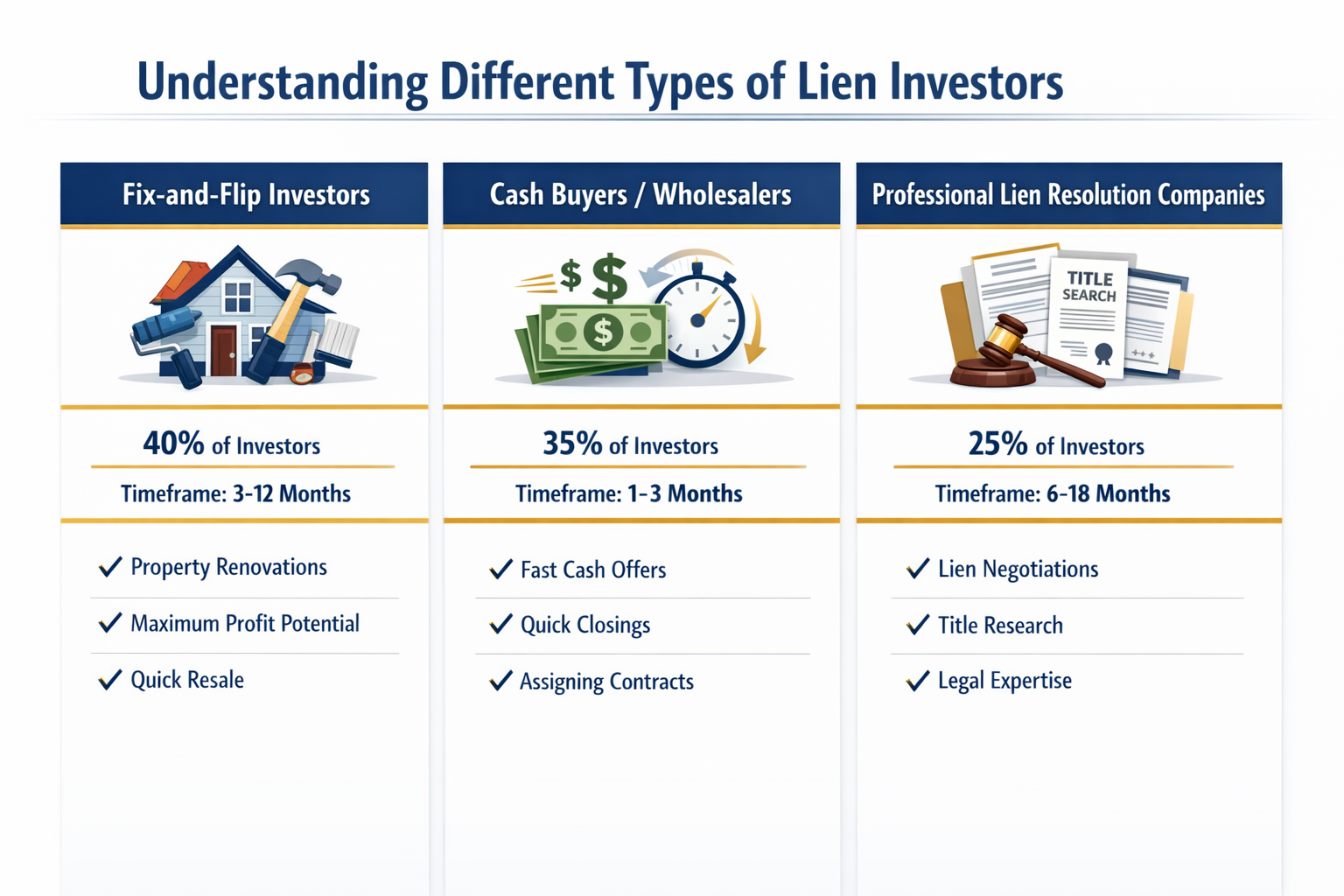 Detailed landscape infographic (1536x1024) showing three distinct types of lien investors as vertical columns: 'Fix-and-Flip Investors' with