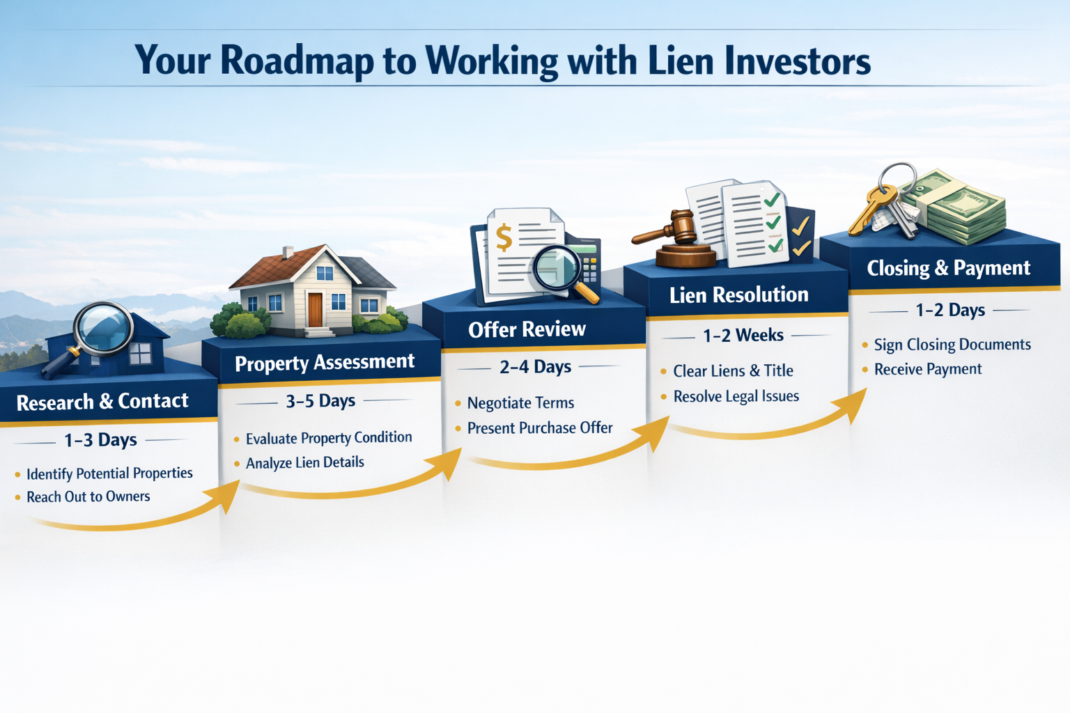 Detailed landscape step-by-step process diagram (1536x1024) illustrating the journey of working with lien investors from initial contact to