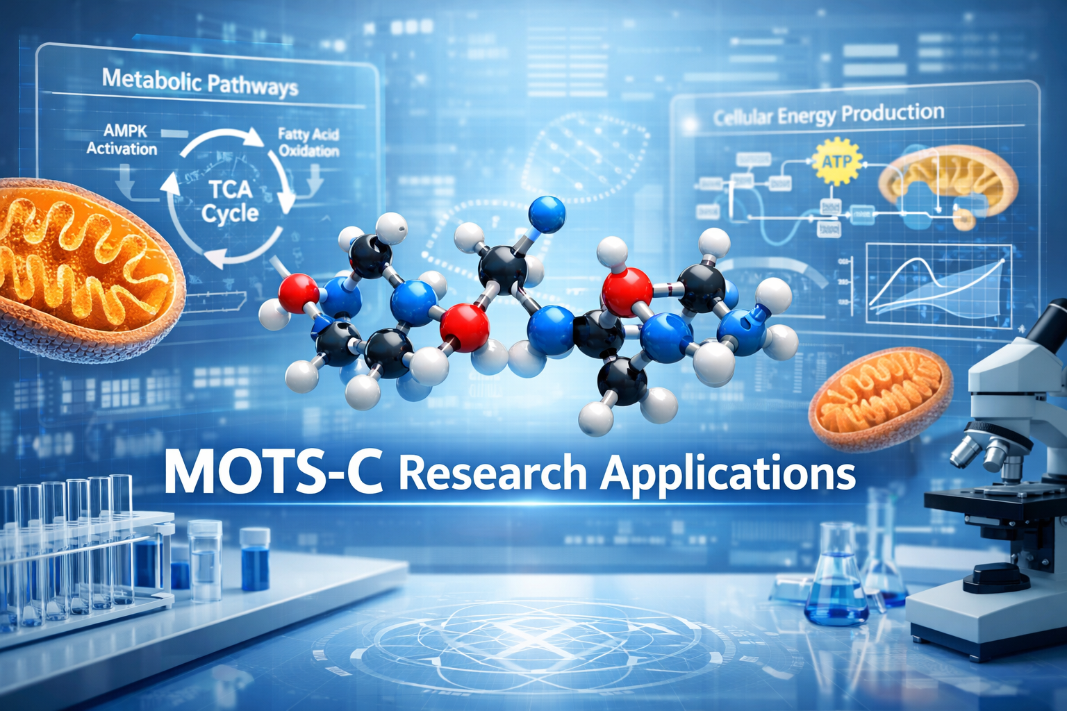 Scientific laboratory scene showing MOTS-C peptide molecular structure in 3D rendering with mitochondria illustrations, research data charts