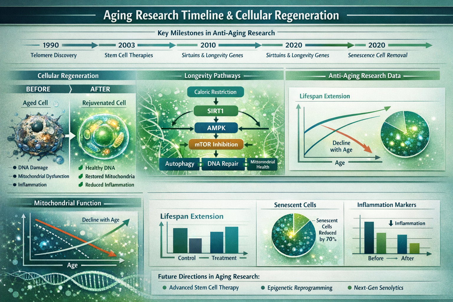 Detailed infographic showing aging research timeline with cellular regeneration imagery, before/after cell comparisons, longevity pathway di