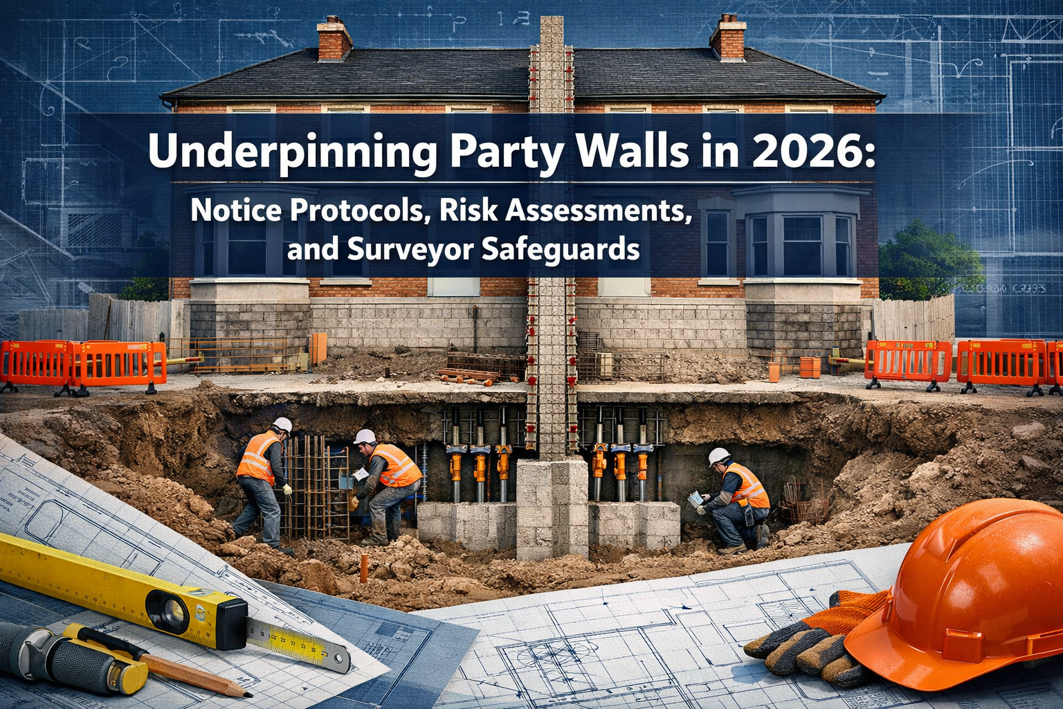Professional () hero image featuring 'Underpinning Party Walls in 2026: Notice Protocols, Risk Assessments, and Surveyor