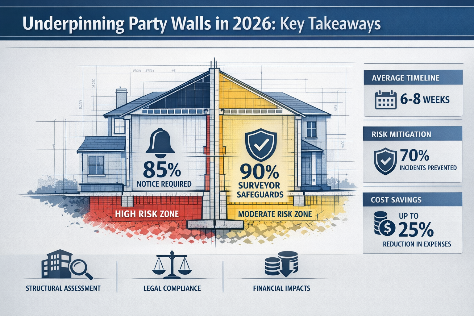 A crisp, overlaid with percentage icons for notice protocols and surveyor safeguards. Use a professional blue and gray color