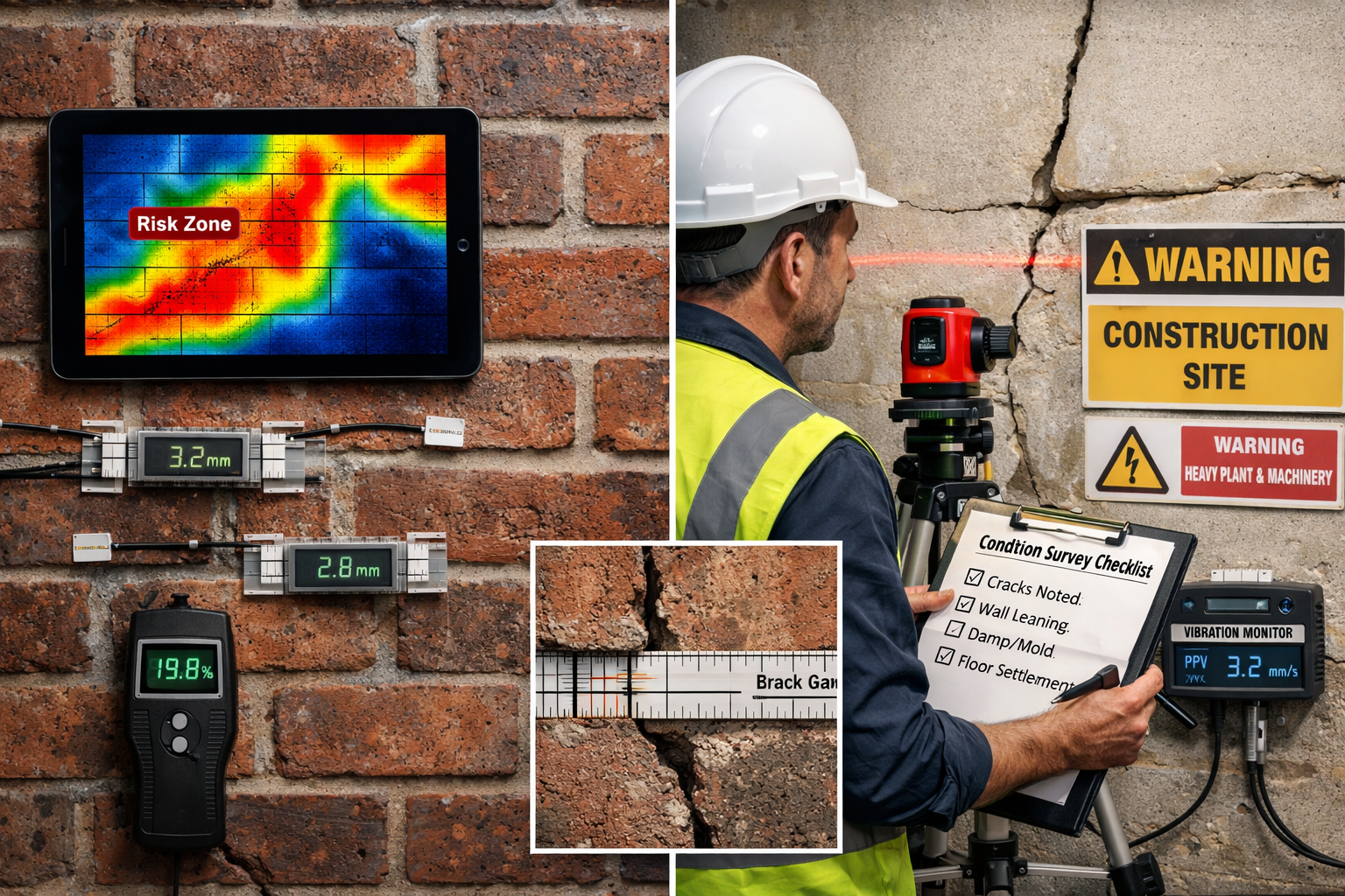 Detailed () image depicting split-screen comparison of foundation risk assessment: left side shows digital tablet displaying