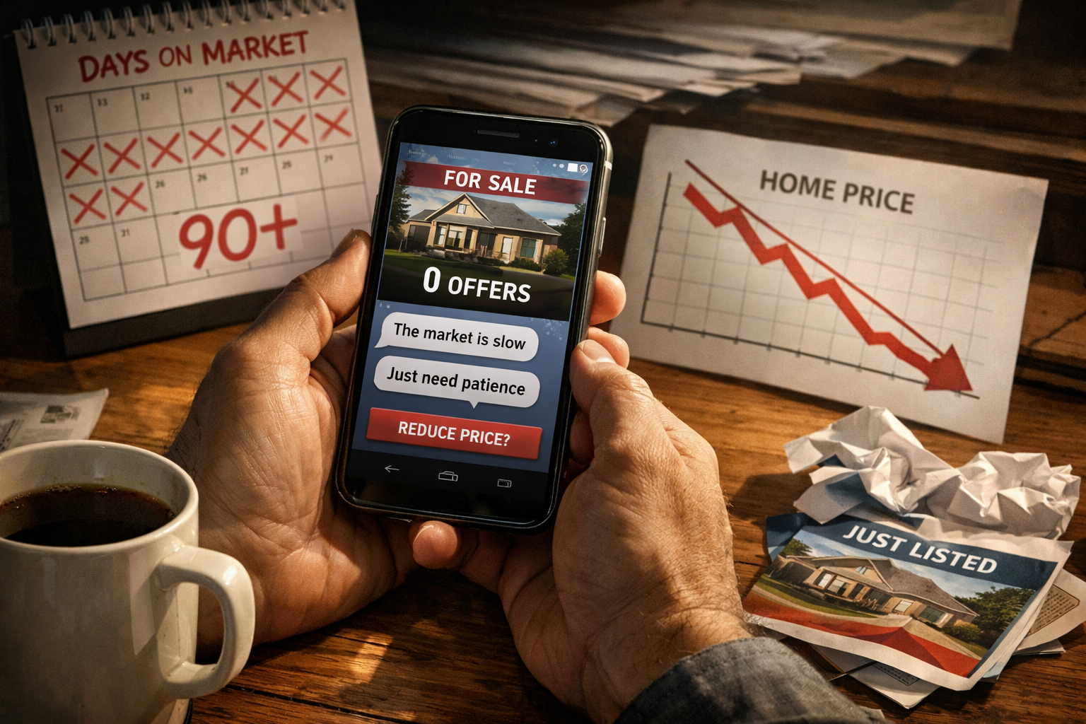 Landscape format (1536x1024) editorial illustration showing close-up of hands holding smartphone displaying home listing with zero offers, c