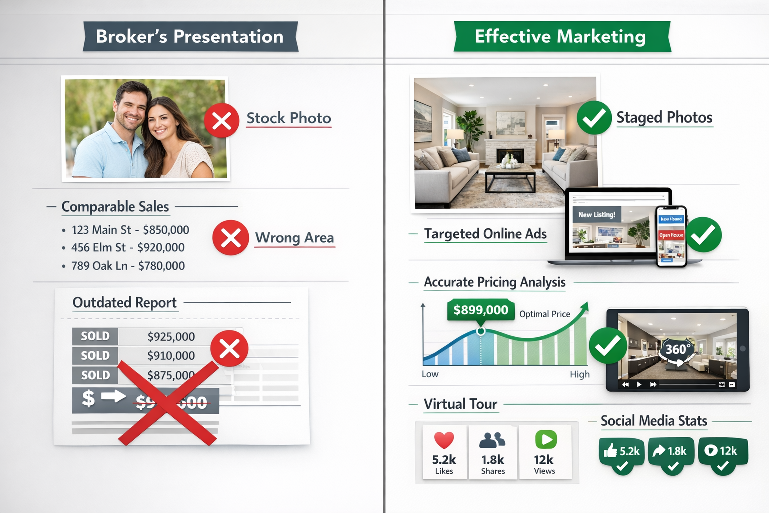 Landscape format (1536x1024) split-screen comparison image showing left side: broker's glossy marketing presentation with generic stock phot
