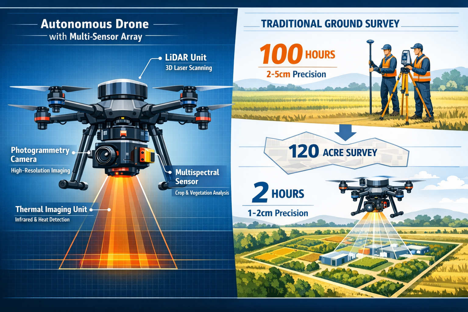 Landscape format (1536x1024) detailed infographic showing autonomous drone with labeled multi-sensor array components including LiDAR unit, 