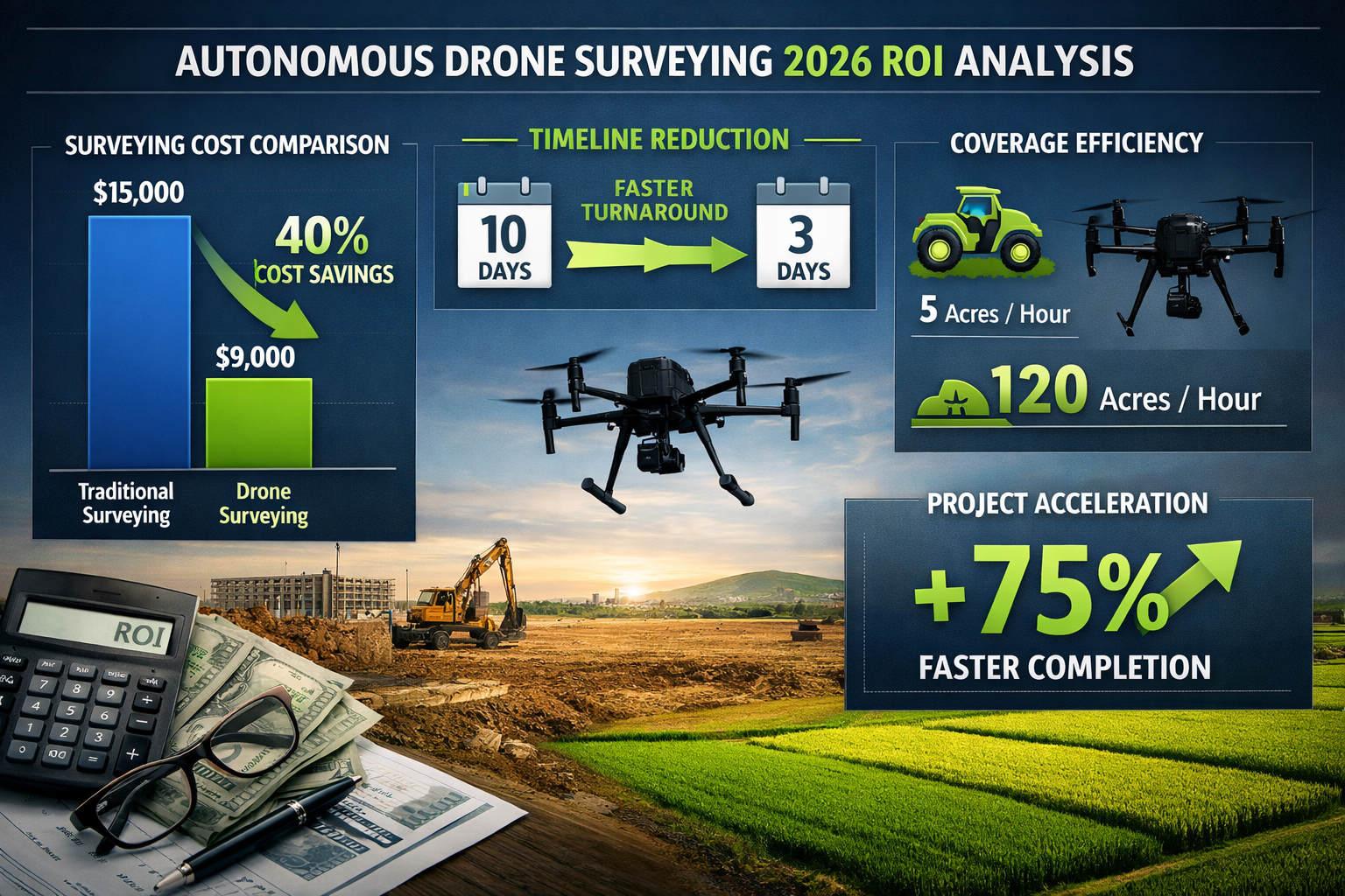 Landscape format (1536x1024) comprehensive cost-benefit analysis dashboard displaying 2026 ROI metrics for autonomous drone surveying. Visua