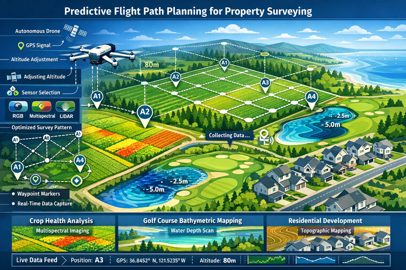 Landscape format (1536x1024) detailed workflow diagram showing predictive flight path planning for large-scale property surveying. Visual sh