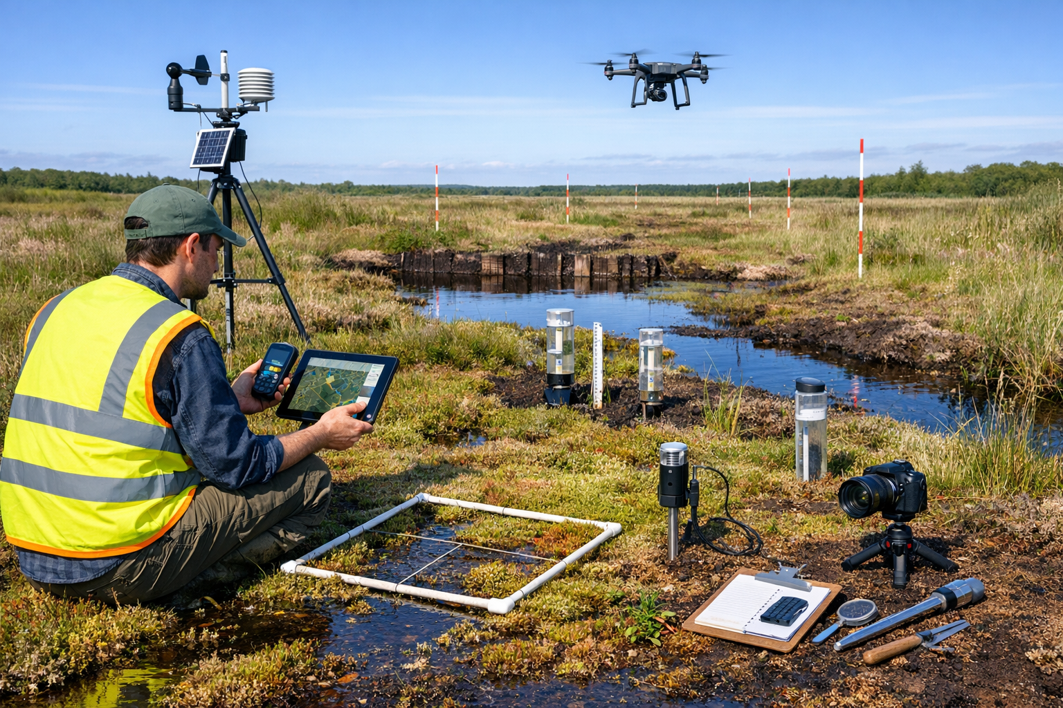 Detailed landscape format (1536x1024) image showing biodiversity surveyor in high-visibility vest conducting field assessment on rewetted pe