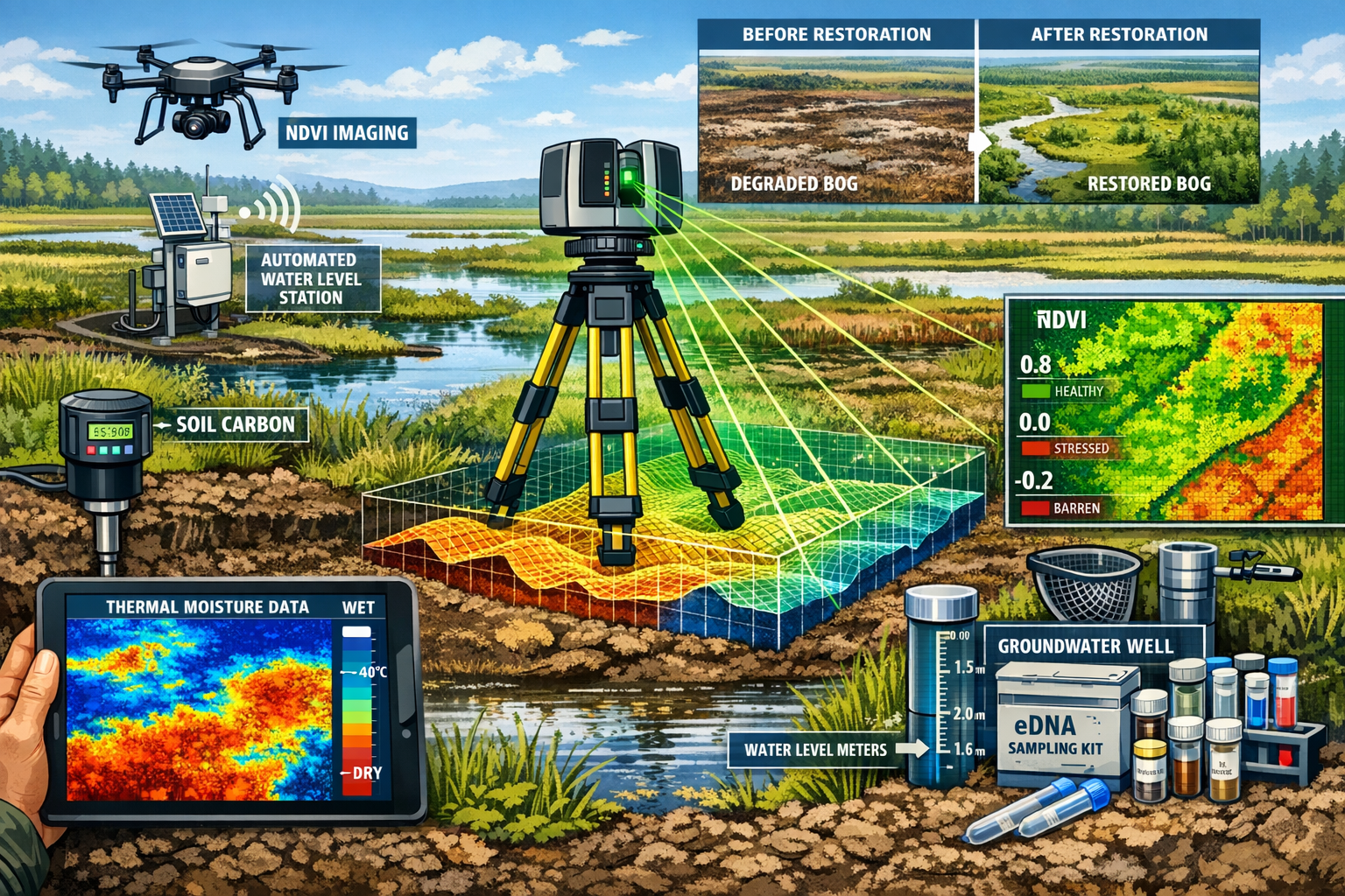 Detailed landscape format (1536x1024) technical illustration showing advanced peatland monitoring technologies in action across restored bog