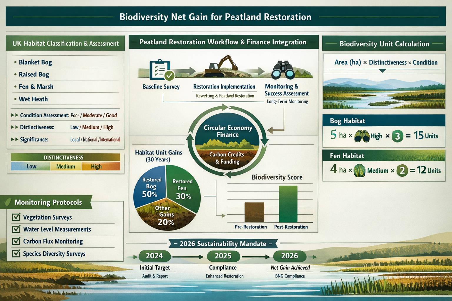 Detailed landscape format (1536x1024) professional infographic-style image depicting biodiversity net gain calculation workflow for peatland