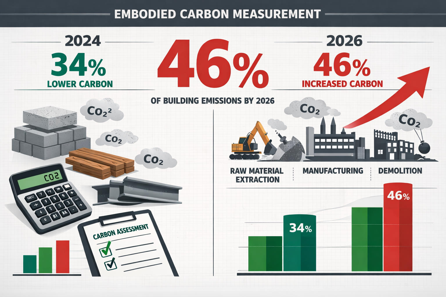 () detailed infographic showing embodied carbon measurement statistics with prominent 46% statistic in large numerals,