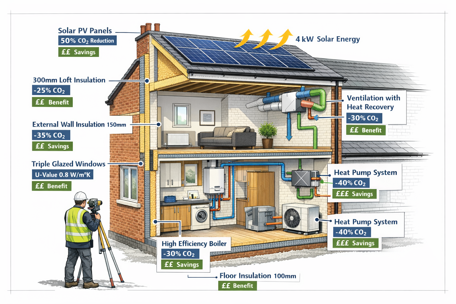 () cross-section architectural illustration of modern UK terraced house showing multiple retrofit interventions for net zero