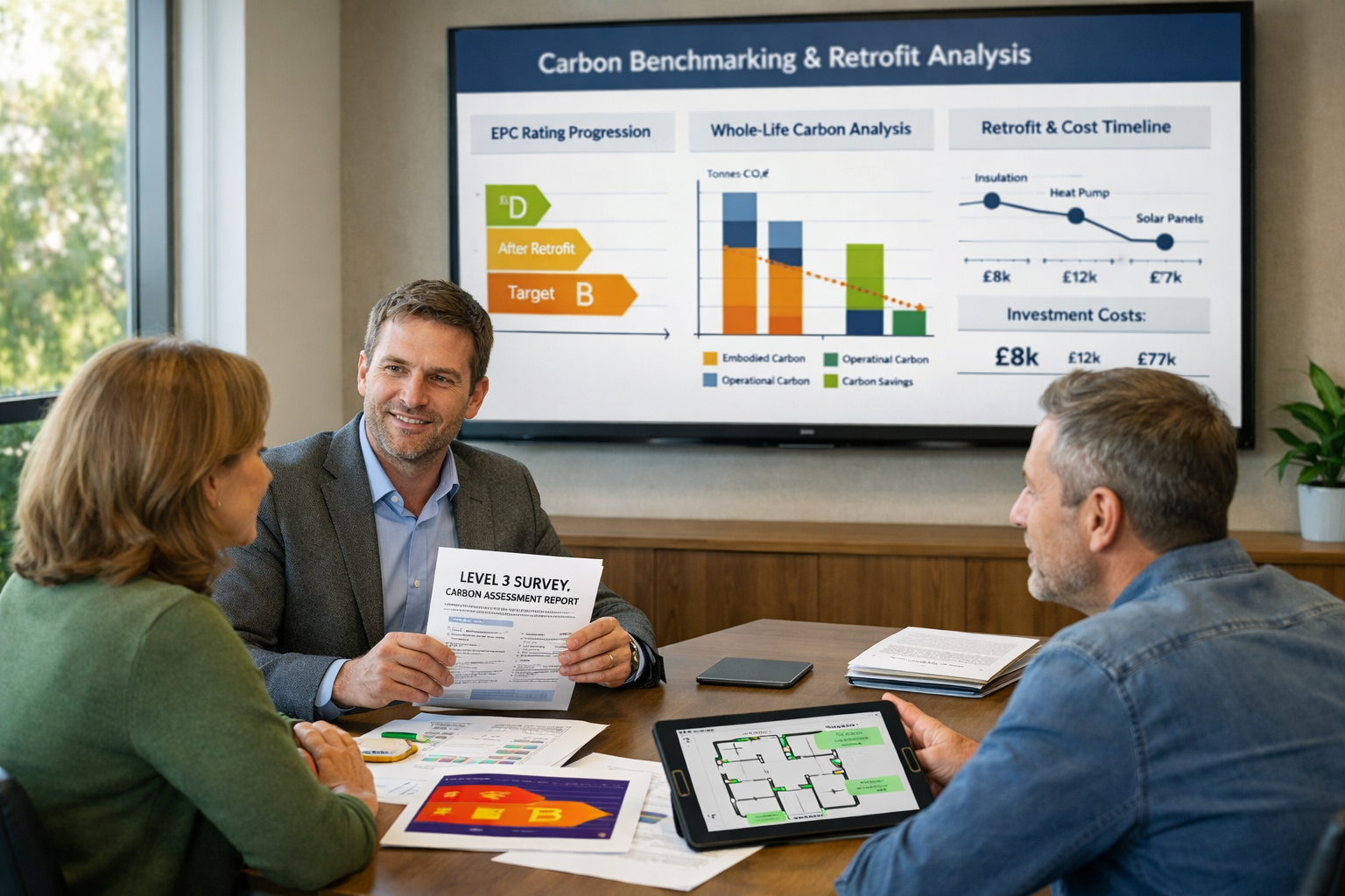 () professional office scene showing building surveyor presenting Level 3 survey carbon assessment report to residential