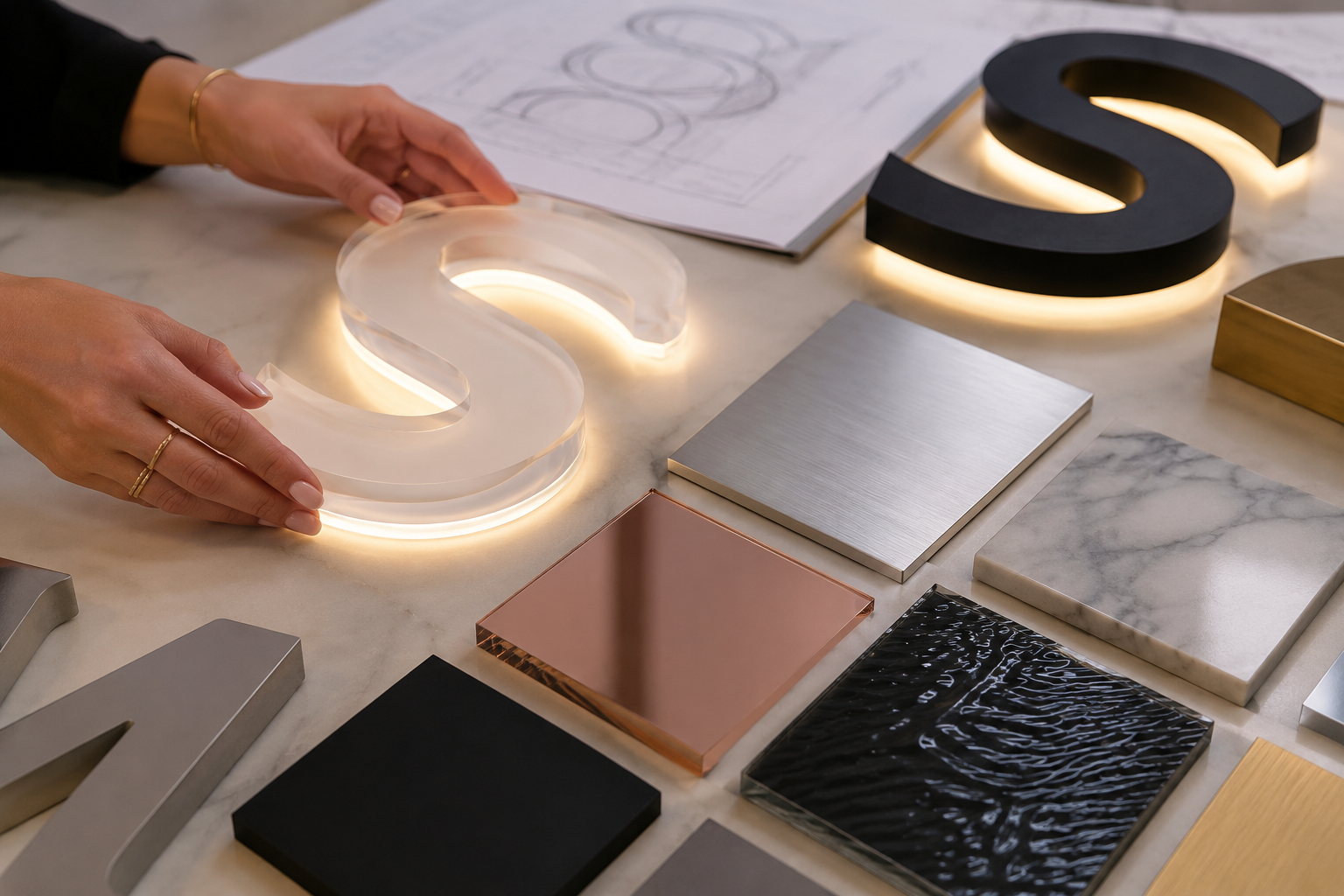 Close-up of salon sign material samples on a workbench - polished acrylic, brushed metal, and backlit channel letter segments