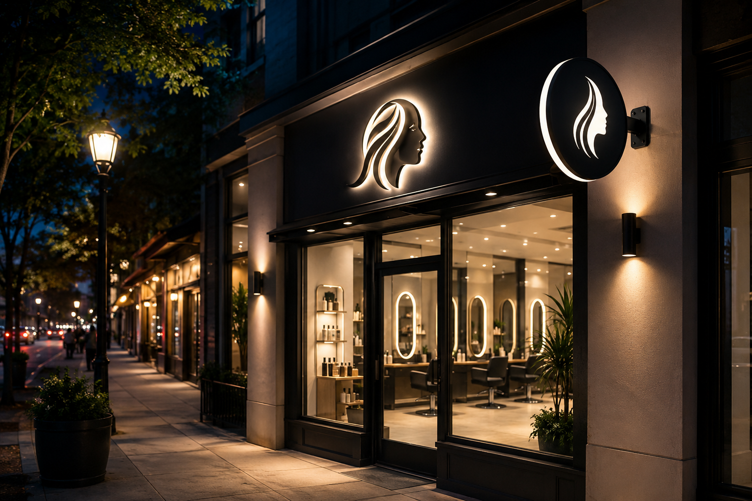 Beauty storefront at night with a projecting blade sign and front-lit channel letters clearly visible from the street