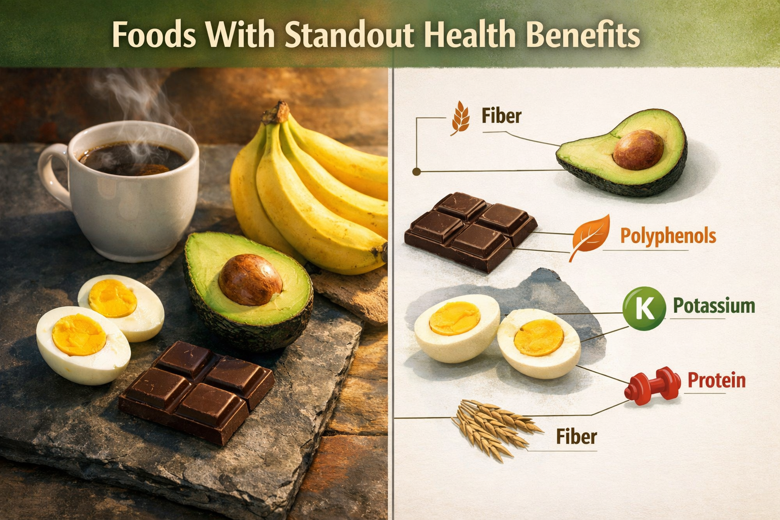 Detailed () editorial illustration showing a split-composition concept image: left half features a whole food spread