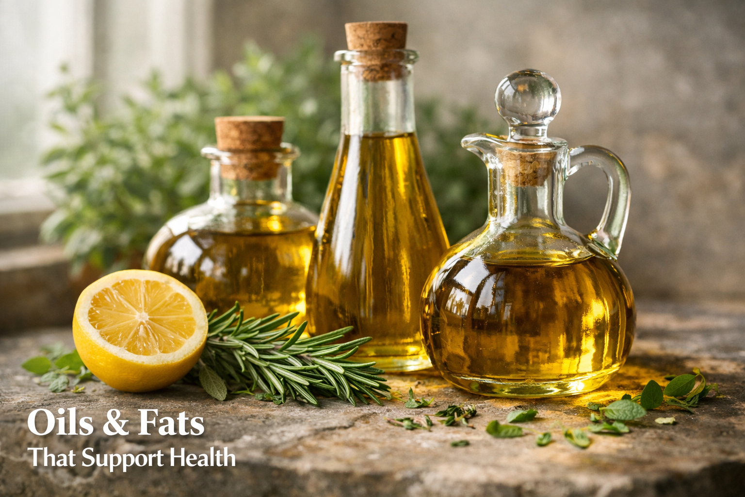 () close-up editorial photograph taken from a low angle showing three glass bottles of golden olive oil and natural