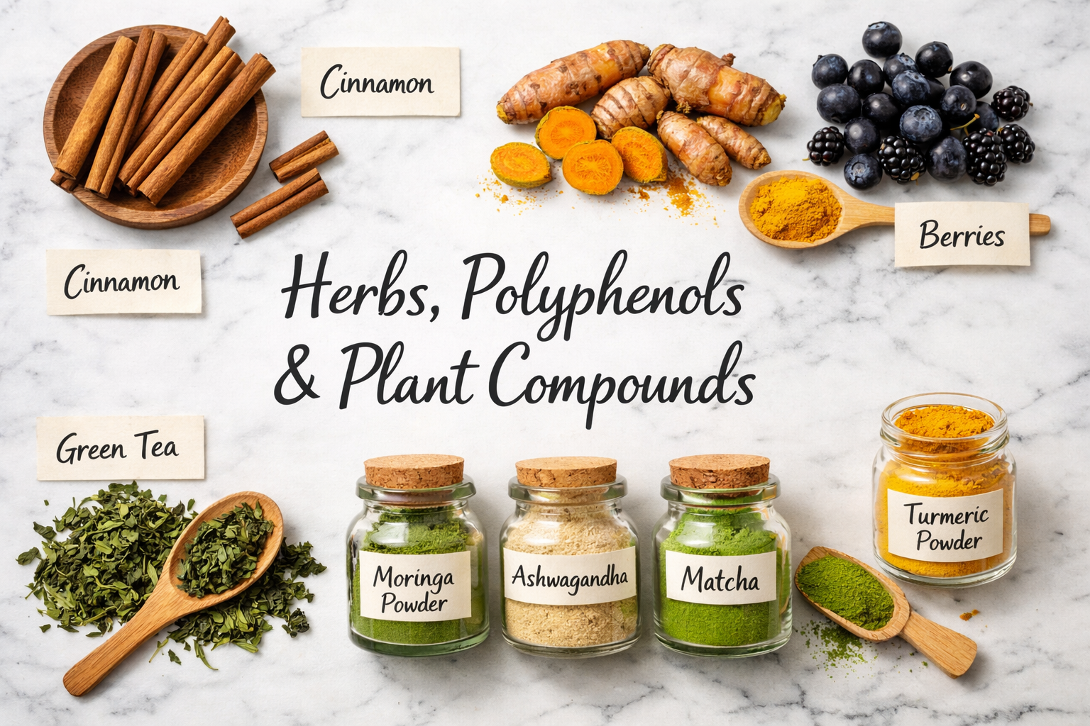 () detailed flat-lay photograph shot from directly overhead showing an organized arrangement of dried and fresh herbs and