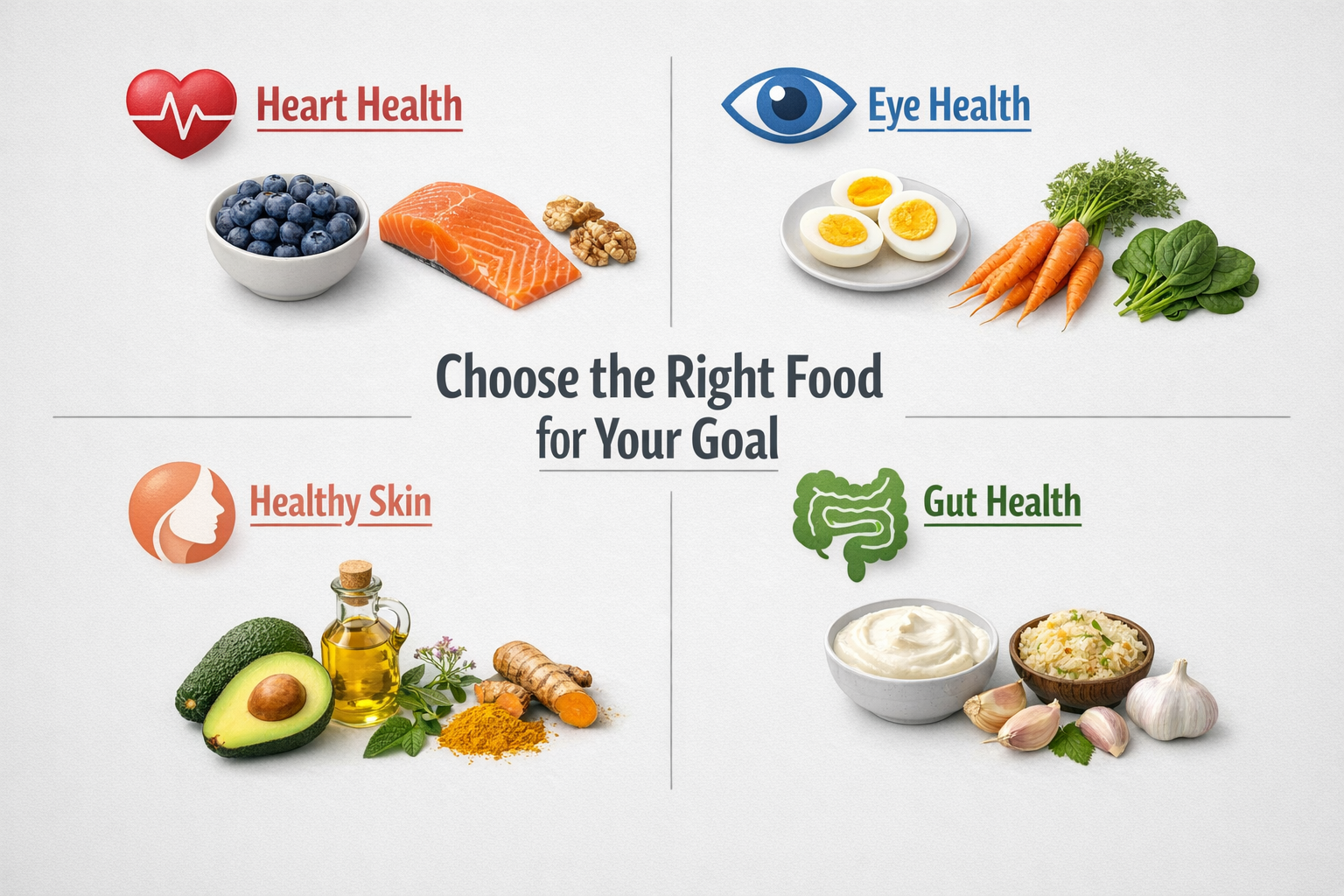 Health Benefits of Natural Foods and Herbs, infographic-style editorial image showing a visual decision-making guide laid out as a clean grid on a soft grey