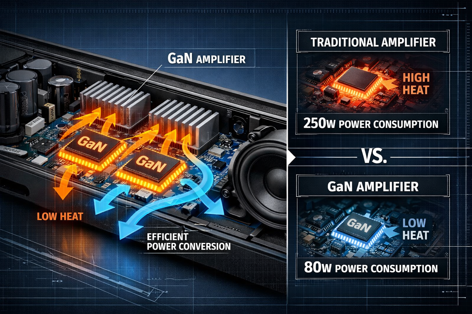 Detailed landscape format (1536x1024) image showing close-up cutaway view of modern soundbar internal components highlighting GaN (Gallium Nitride) amplifier chips with visible circuitry, heat dissipation fins, energy flow diagram overlay with arrows showing efficient power conversion, comparison split-screen showing traditional amplifier versus GaN technology with power consumption numbers, technical blueprint aesthetic with blue and orange accent colors, professional engineering photography style with annotations and labels 