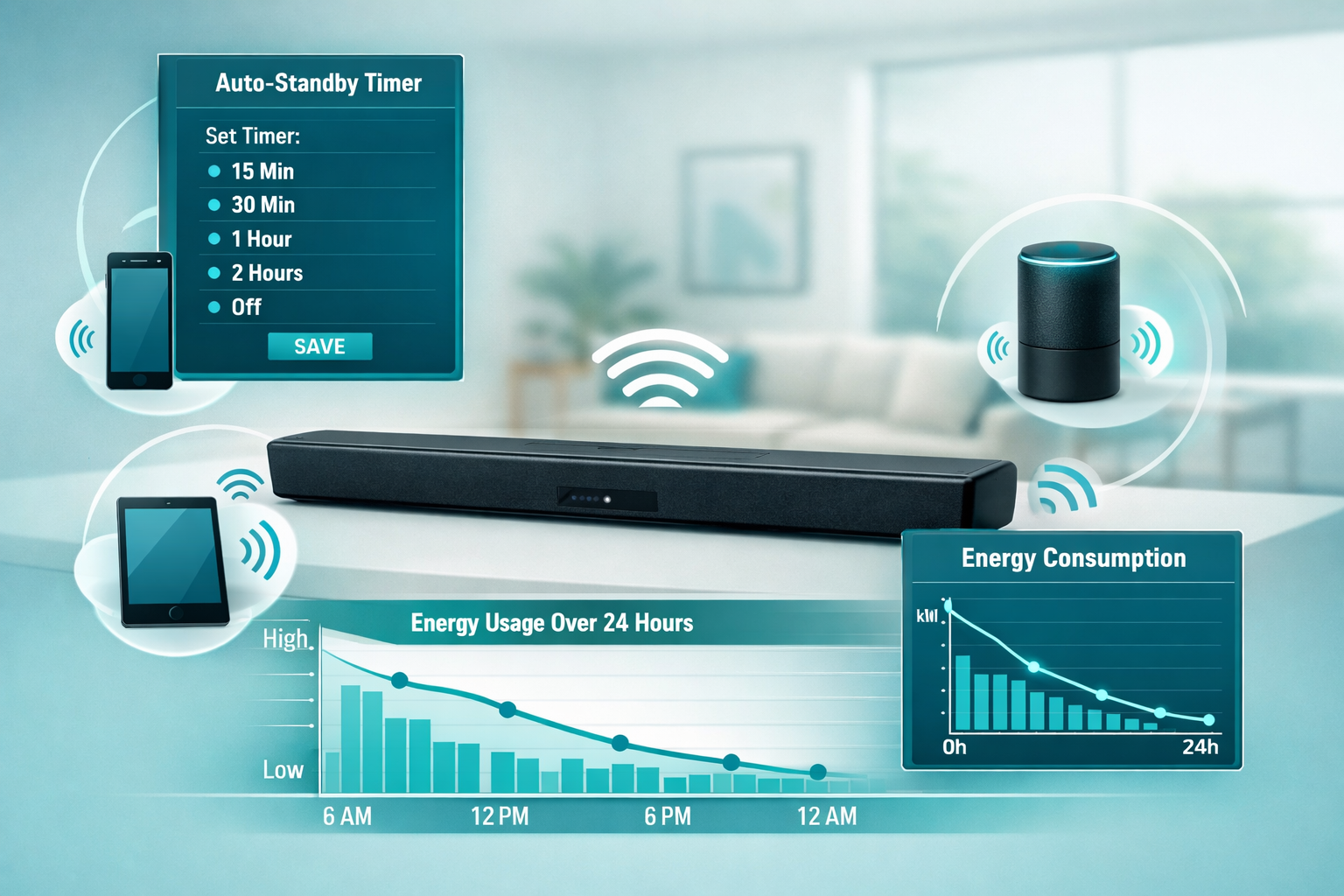 Landscape format (1536x1024) infographic-style image displaying smart home integration concept with soundbar at center, multiple device icons connected via wireless signals (smartphone, tablet, voice assistant speaker), scheduling interface showing auto-standby timer settings on floating digital screen, energy consumption graph trending downward over 24-hour period, modern minimalist living room background slightly blurred, teal and white color scheme with data visualization elements 