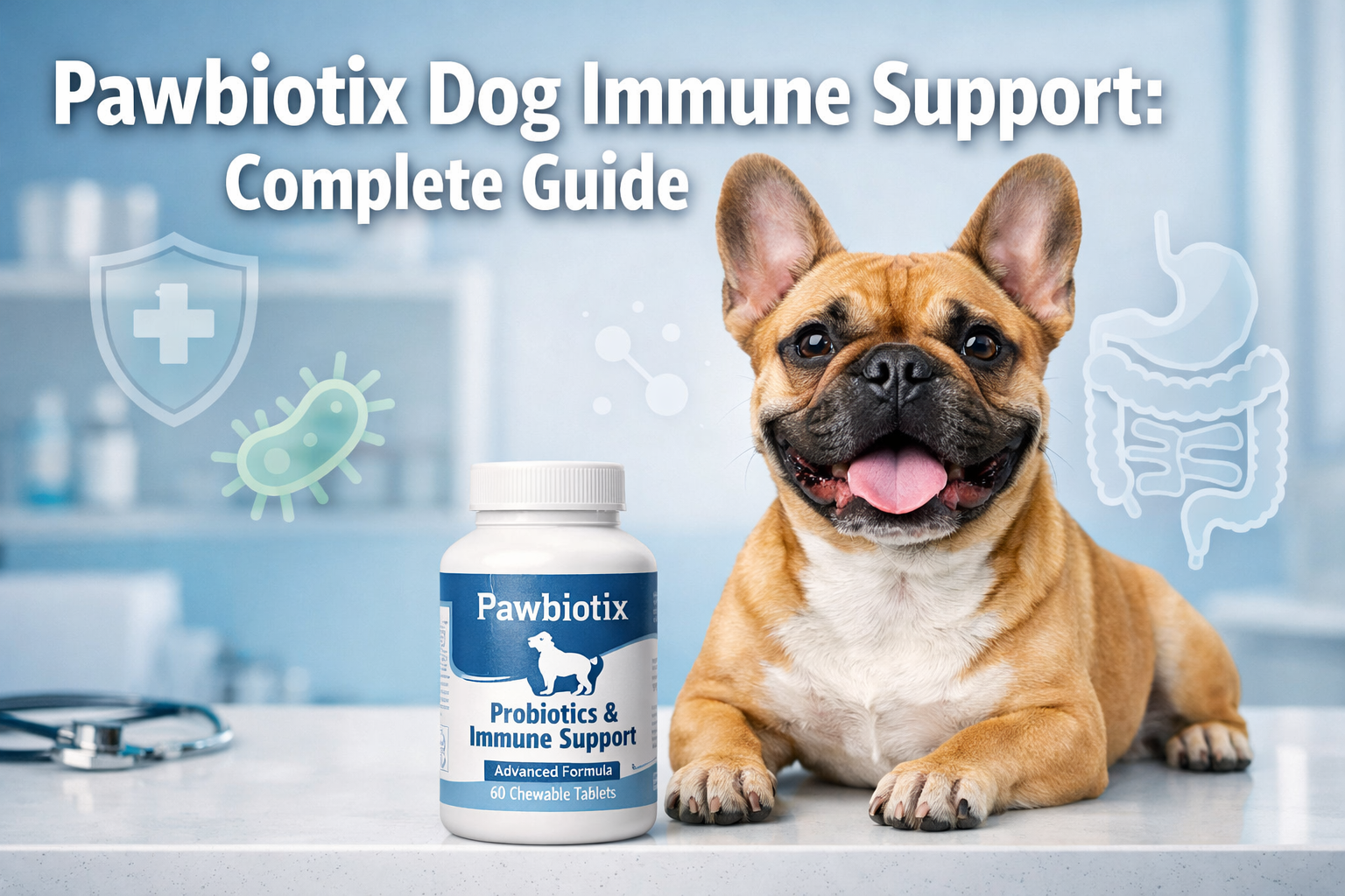 Professional landscape format (1536x1024) hero image featuring bold text overlay 'Pawbiotix Dog Immune Support: Complete Guide' in extra lar