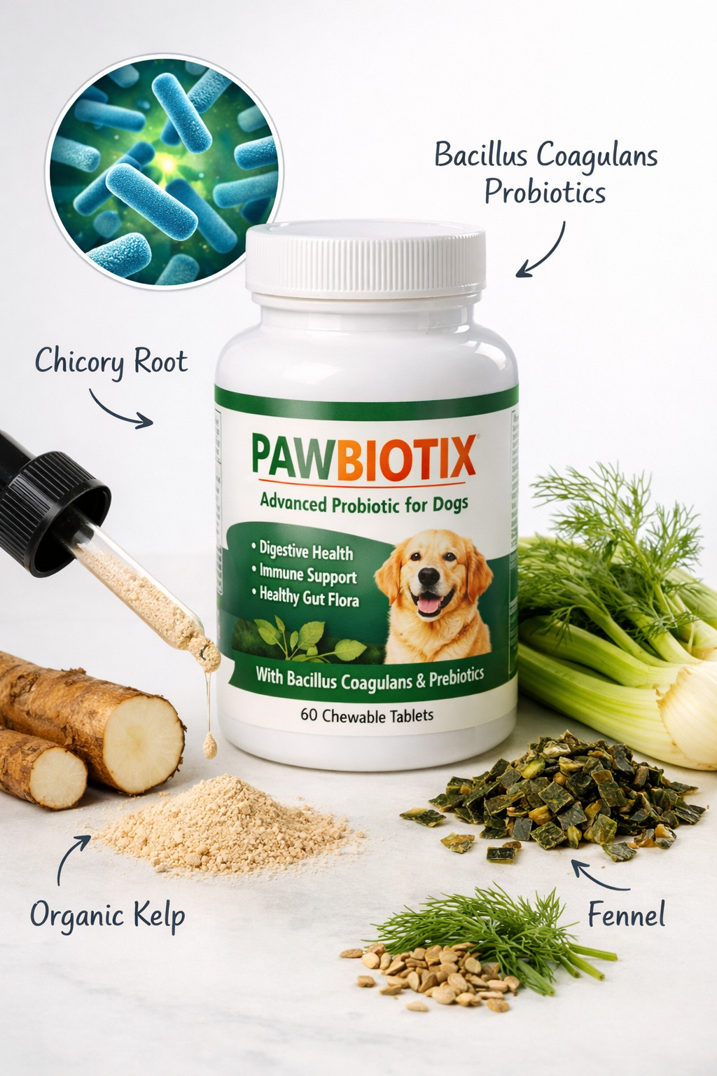 Portrait format (1024x1536) product showcase image featuring Pawbiotix supplement bottle with ingredient breakdown, showing bacillus coagula
