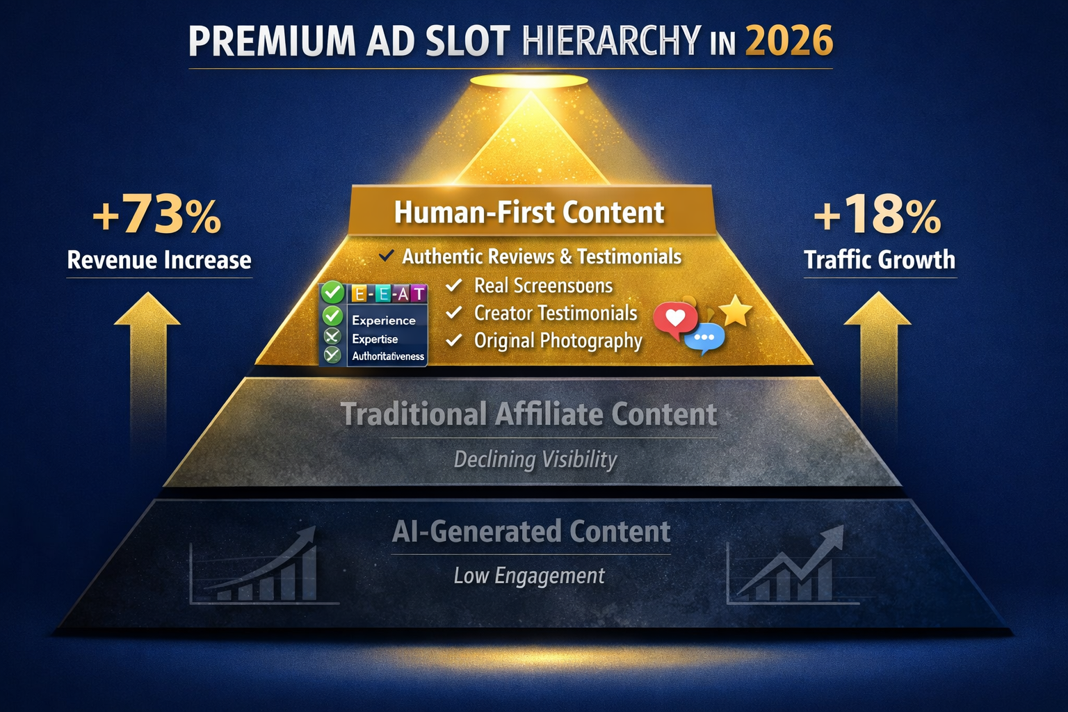 Landscape format (1536x1024) detailed infographic showing premium ad slot hierarchy in 2026 digital media landscape. Visual pyramid structur