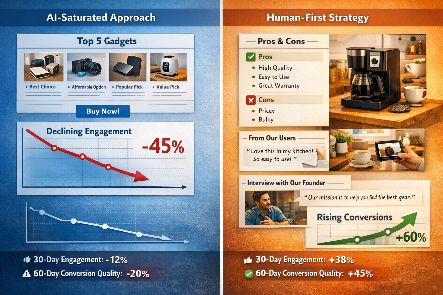 Landscape format (1536x1024) before-and-after comparison visual showing affiliate content transformation. Left panel labeled 'AI-Saturated A