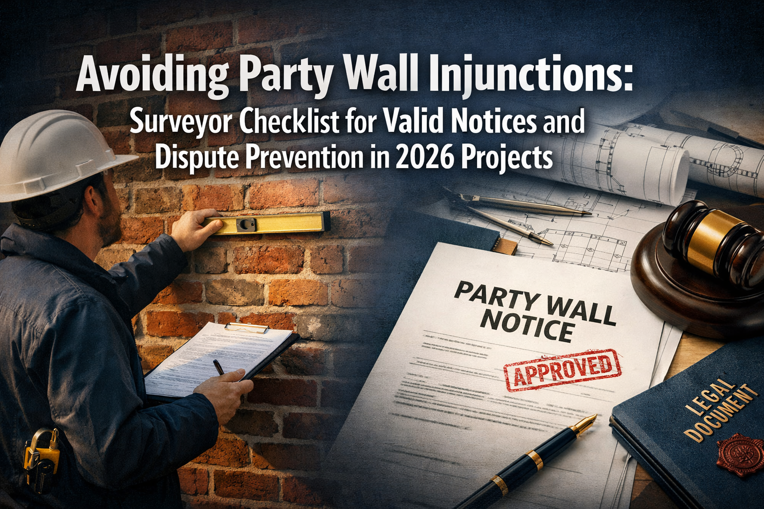 Professional () hero image featuring 'Avoiding Party Wall Injunctions: Surveyor Checklist for Valid Notices and Dispute