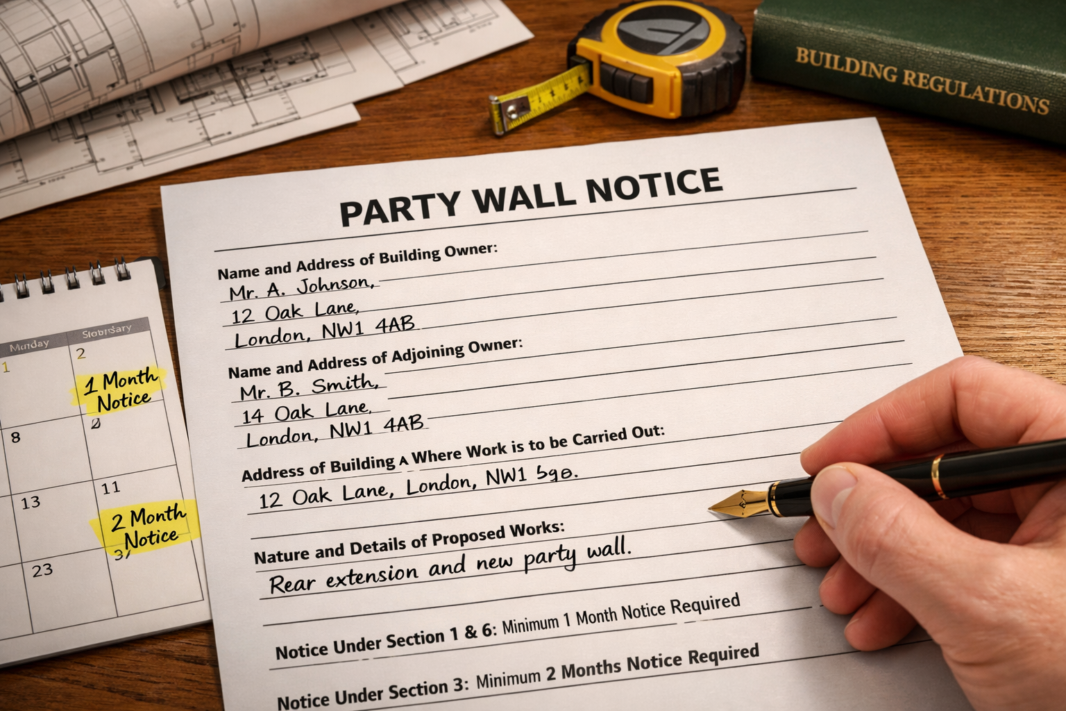 Detailed () image showing close-up of official Party Wall Notice document being filled out with fountain pen, featuring