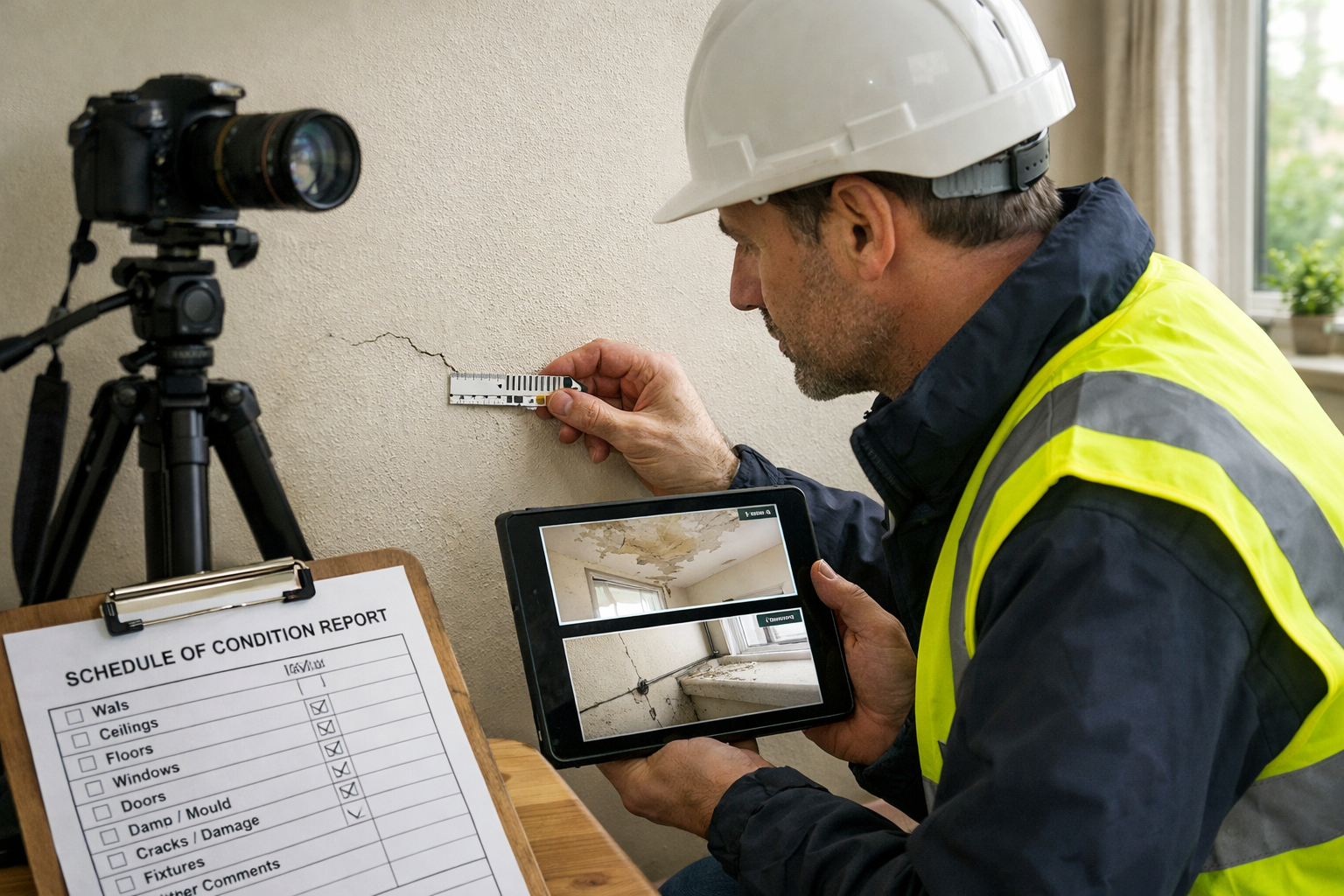 () image depicting professional surveyor in high-visibility vest conducting detailed Schedule of Condition inspection inside