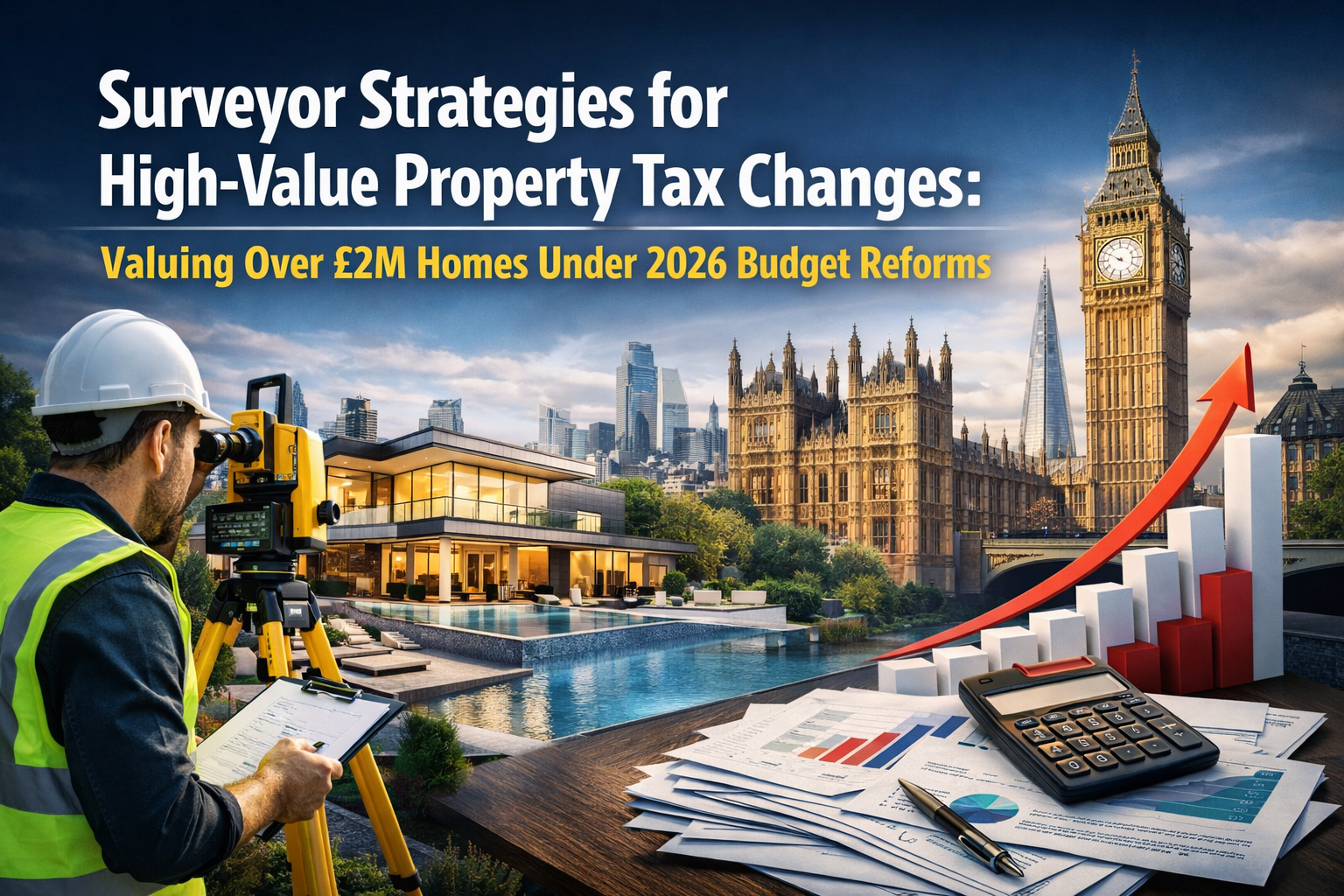 Professional landscape hero image () with : "Surveyor Strategies for High-Value Property Tax Changes: Valuing Over £2M Homes