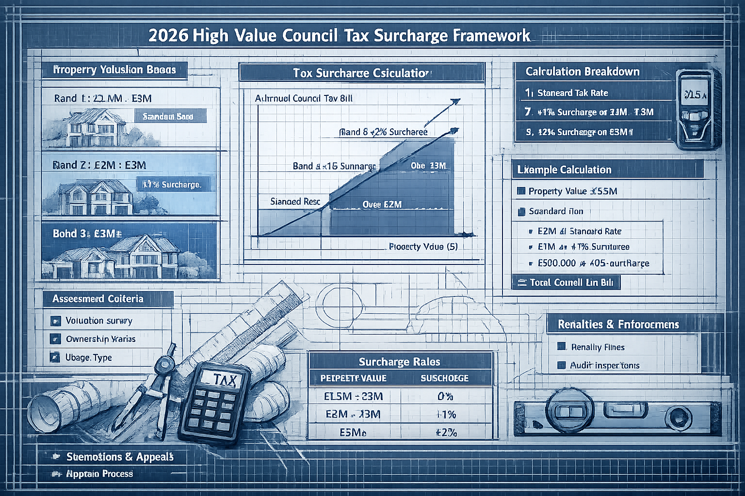 Comprehensive visual explainer of 2026 High Value Council Tax Surcharge Framework, technical architectural blueprint style