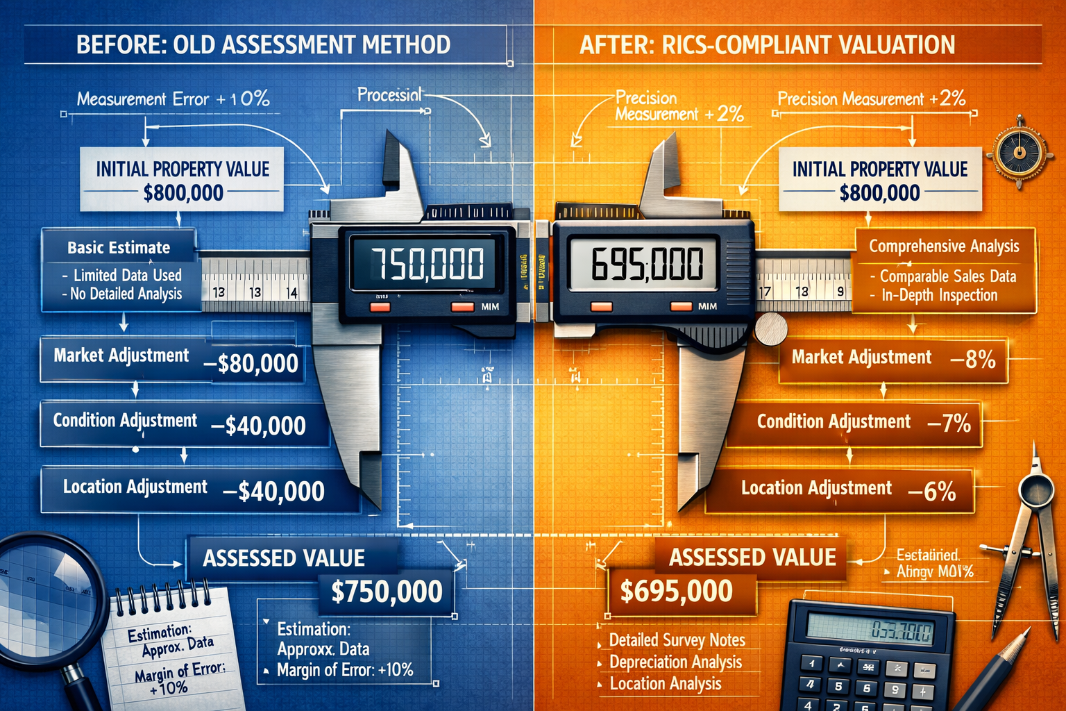 RICS-compliant property valuation adjustment visualization, split-screen technical graphic showing before/after property tax