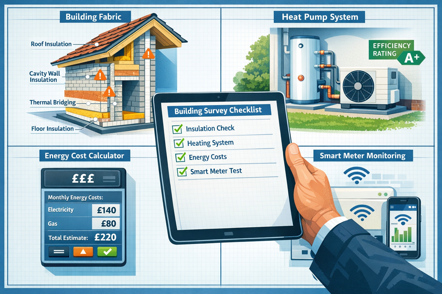 Detailed landscape format (1536x1024) image showing comprehensive building survey checklist visualization with four distinct quadrants repre
