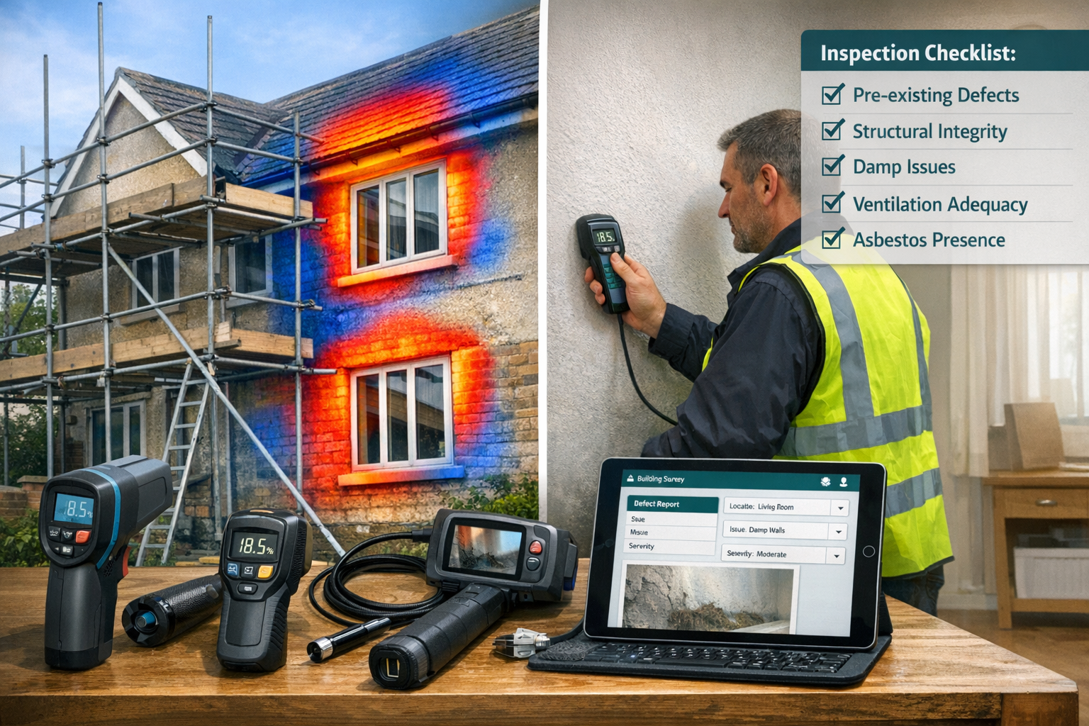 Detailed landscape format (1536x1024) image showing practical retrofit assessment workflow in occupied residential property. Main scene disp