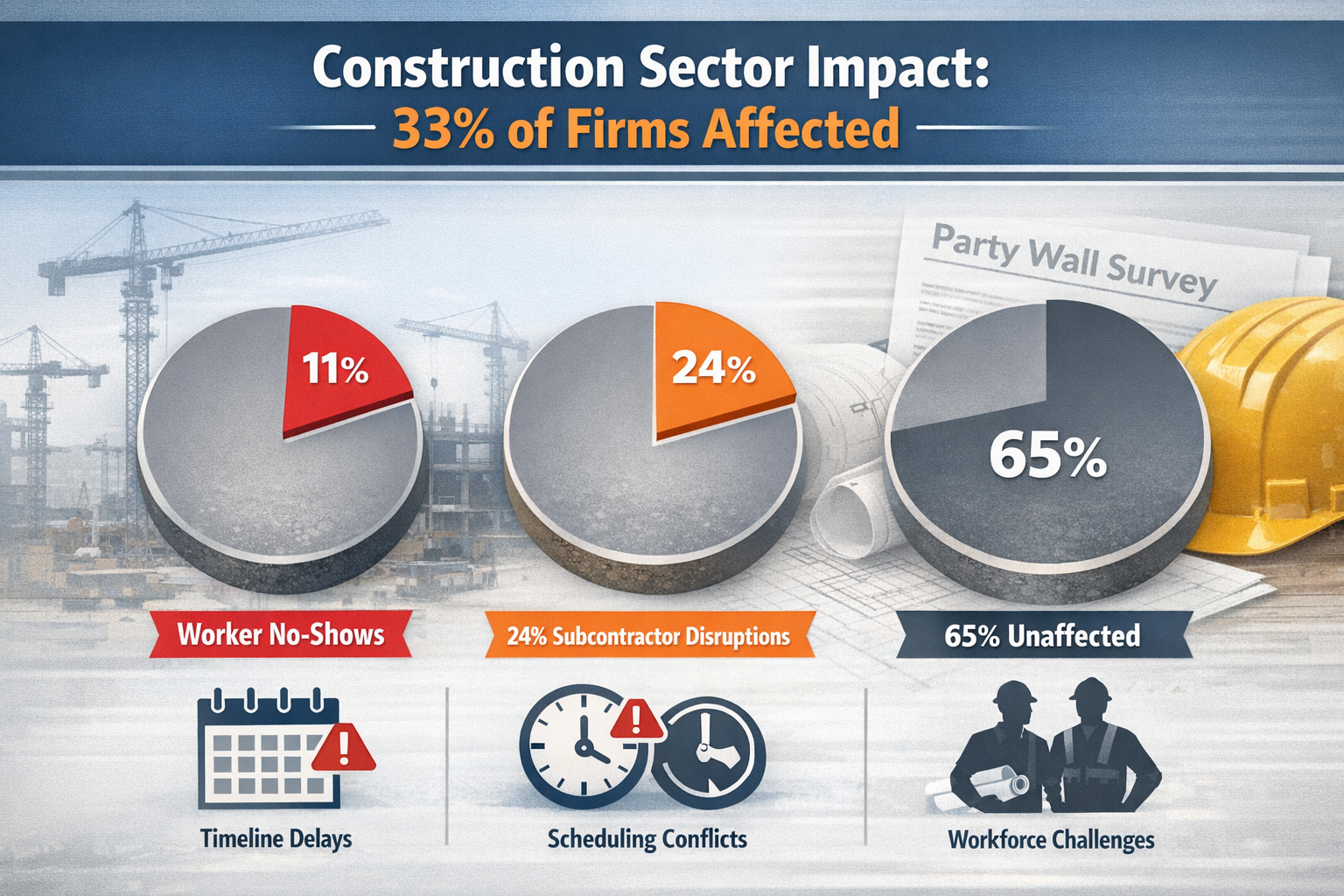 Landscape format (1536x1024) detailed infographic showing construction workforce disruption statistics with bold headline 'Construction Sect
