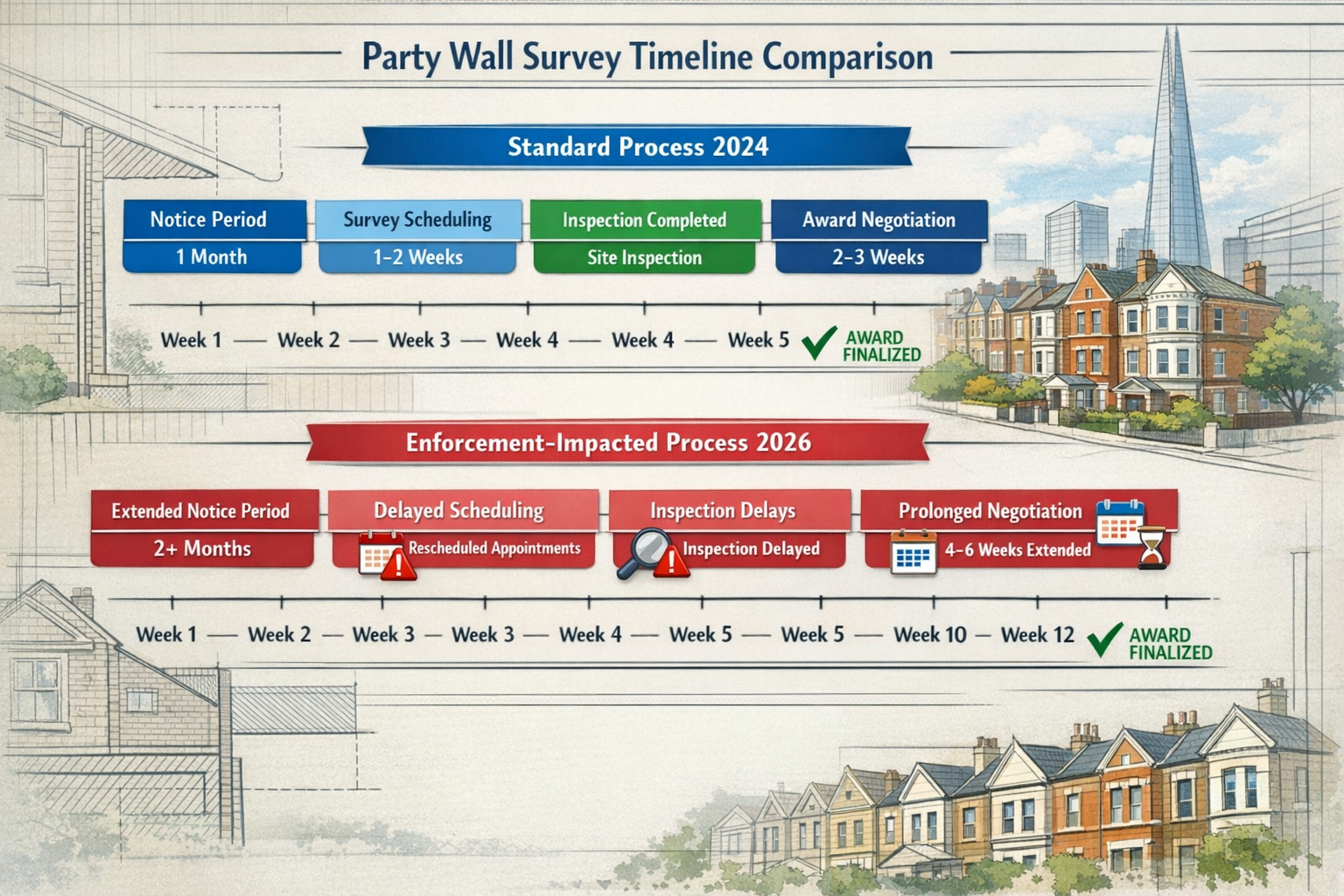 Landscape format (1536x1024) detailed illustration showing party wall survey timeline comparison: two parallel timelines labeled 'Standard P