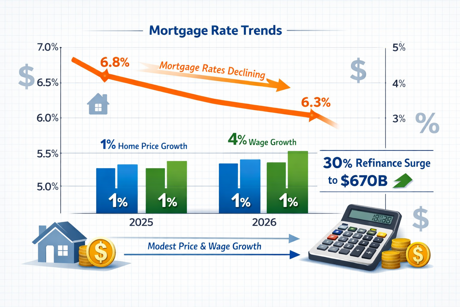 Landscape format (1536x1024) infographic showing dual-axis chart comparing mortgage rate trends from 2025 to 2026, with declining line graph