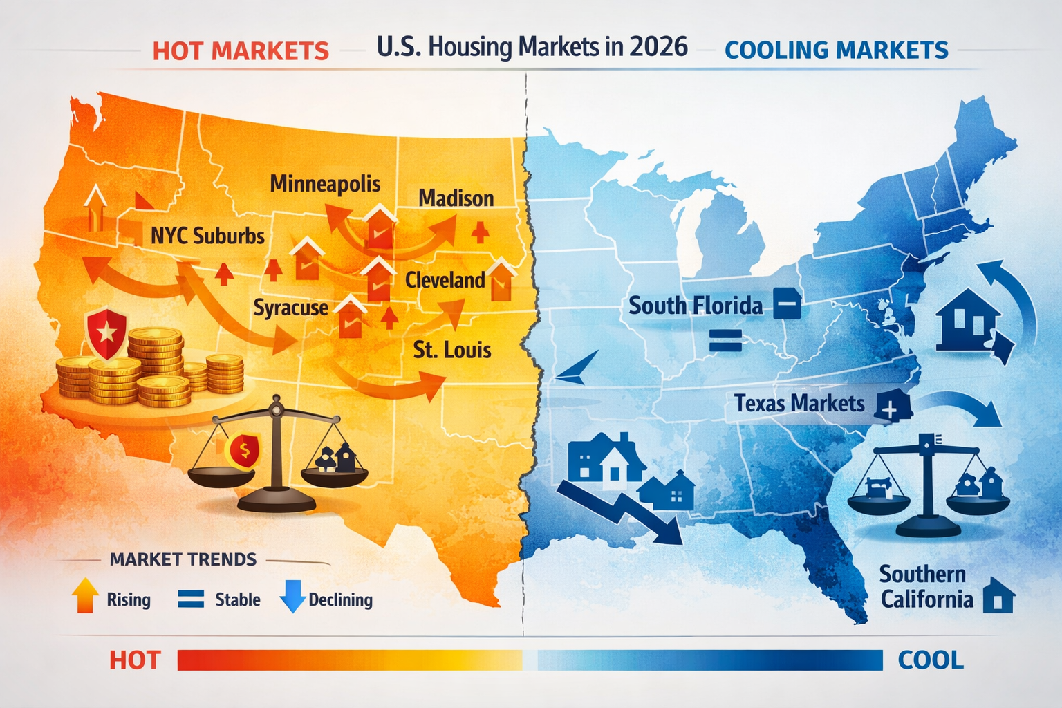 Landscape format (1536x1024) split-comparison map of United States showing hot versus cooling markets in 2026. Left side highlights NYC subu